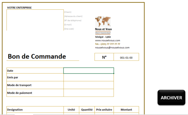 Bon de commande - Outil excel